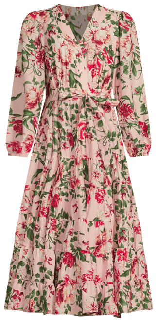 Gibson & Latimer Tiered Long Sleeve Tie Waist Wrap Floral Print Midi Dress