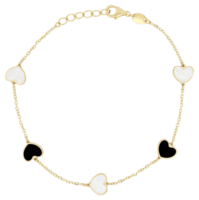 Mother of Pearl and Onyx Heart Station Bracelet 14K Gold