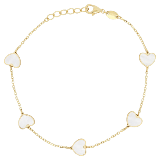 Mother of Pearl Heart Station Bracelet 14K Gold