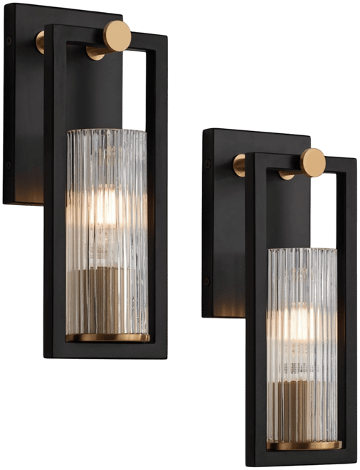 Industrial Modern Wall Light Sconces Set of 2 Black Warm Brass Hardwired 4 1/2" Fixture Clear Ribbed Glass Shade for Bedroom Bathroom Van