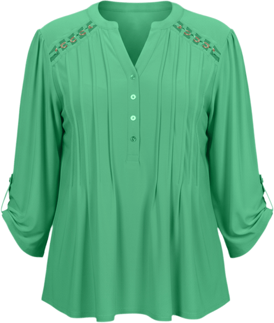 Plus Size Long Sleeve Pintuck Front Top with Chain Details