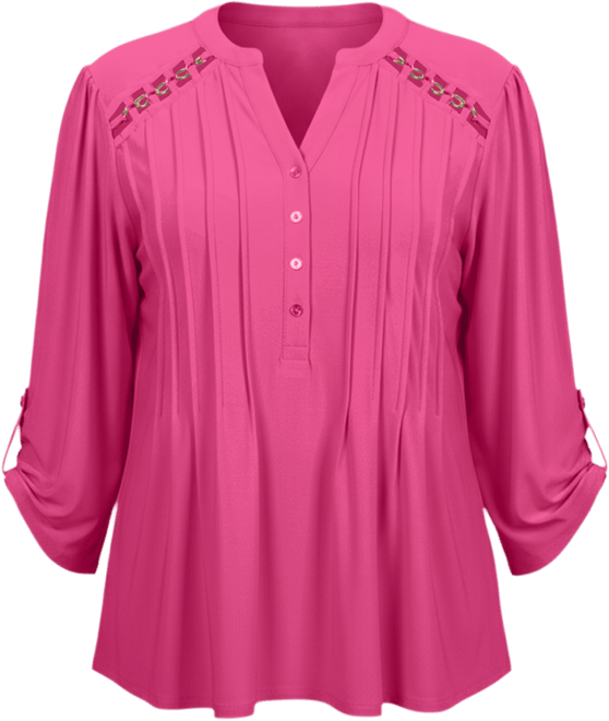 Plus Size Long Sleeve Pintuck Front Top with Chain Details