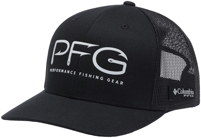 Columbia PFG Hat Fitted L/XL Black Gold Hooks Mesh Fishing Gear