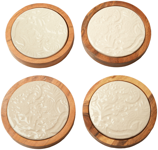 Acacia Wood Coasters with Floral Designs in Porcelain on Coasters, Set of 4