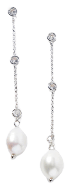 Silver Fresh Water Pearls Crystal Linear Earrings
