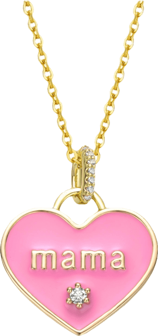 Kids 14k Yellow Gold Plated with Cubic Zirconia Mama Pink Enamel Heart Pendant Layering Necklace