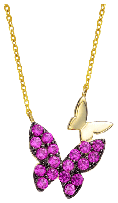 Sterling Silver 14k Yellow Gold Plated with Red Cubic Zirconia Double Butterfly Layering Necklace