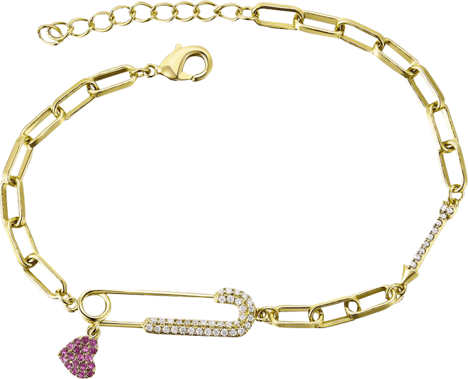 Gigi Girl Kid's/Young Teen 14k Gold Plated with Pink & Cubic Zirconia Safety Pin Dangle Heart Charm Adjustable Bracelet