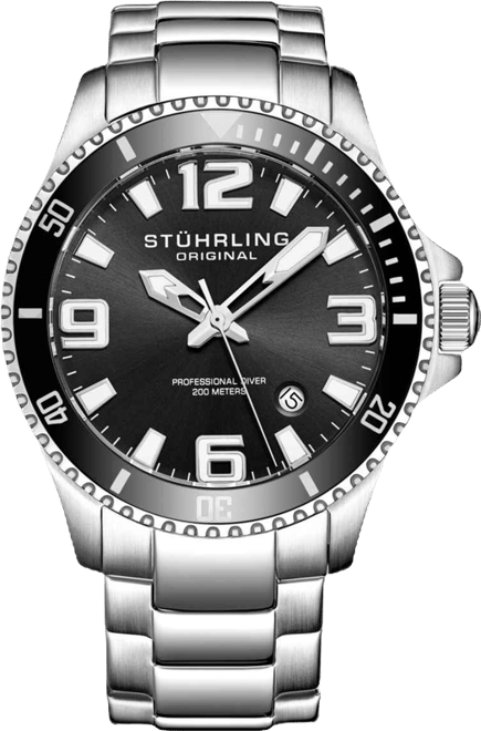 Men's Stainless Steel Case on Link Bracelet, Black Bezel Watch, Black Dial, with White and Silver Accents