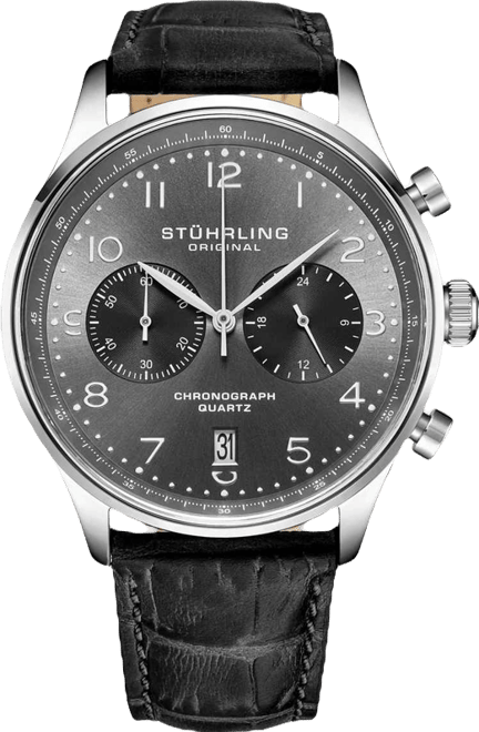 GR1-q 4012 Men s Chronograph Watch – Quartz Movement, 42mm Silver Case, Gunmetal Dial, Black Leather Strap