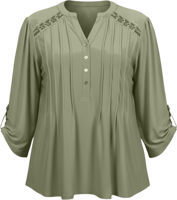 Plus Size Long Sleeve Pintuck Front Top with Chain Details