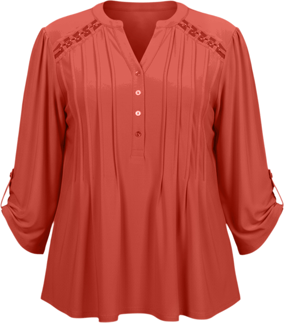 Plus Size Long Sleeve Pintuck Front Top with Chain Details