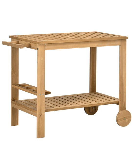 Outdoor Wood Bar Cart Patio Serving Cart with Wine Holders, Natural