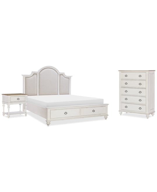 Mandeville 3pc Bedroom Set (Upholstered Queen Storage Bed + Drawer Chest + 1-Drawer Nightstand)