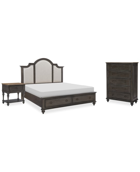 Mandeville 3pc Bedroom Set (Upholstered Queen Storage Bed + Drawer Chest + 1-Drawer Nightstand)