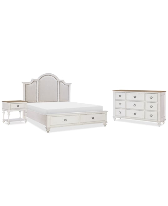 Mandeville 3pc Bedroom Set (Upholstered King Storage Bed + Dresser + 1-Drawer Nightstand)