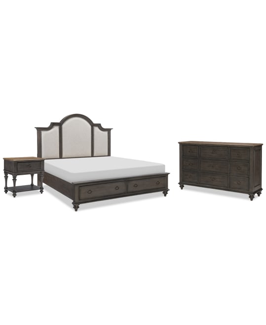 Mandeville 3pc Bedroom Set (Upholstered King Storage Bed + Dresser + 1-Drawer Nightstand)