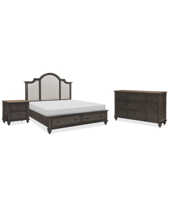 Mandeville 3pc Bedroom Set (Upholstered King Storage Bed + Dresser + 2-Drawer Nightstand)