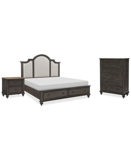 Mandeville 3pc Bedroom Set (Upholstered King Storage Bed + Drawer Chest + 2-Drawer Nightstand)