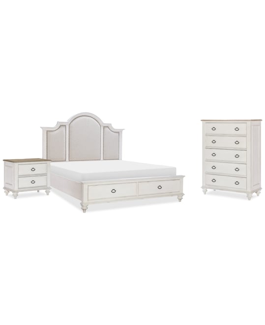 Mandeville 3pc Bedroom Set (Upholstered California King Storage Bed + Drawer Chest + 2-Drawer Nightstand)