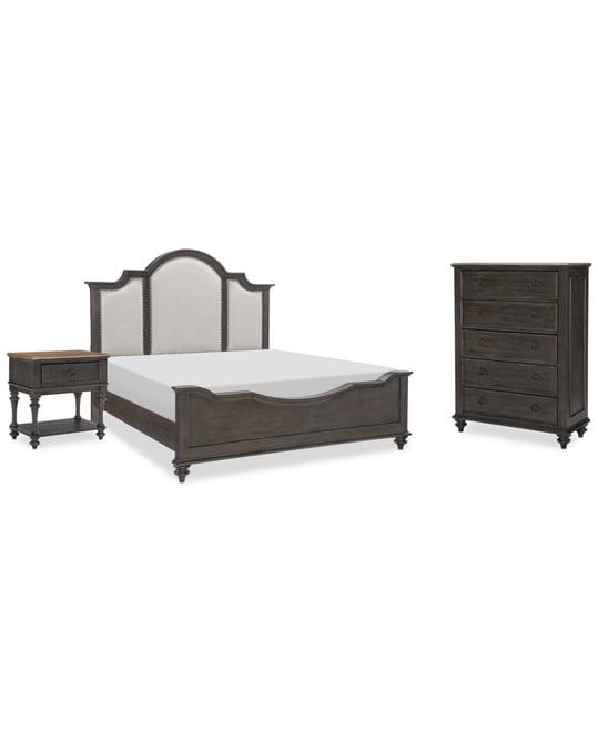 Mandeville 3pc Bedroom Set (Upholstered California King Bed + Drawer Chest + 1-Drawer Nightstand)