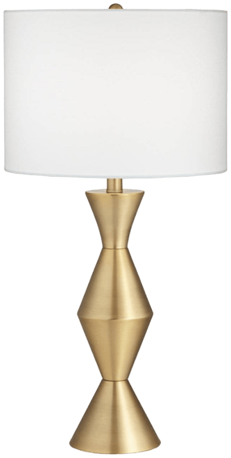 Elka Modern Mid Century Table Lamp 28" Tall Brass Geometric Metal White Drum Shade for Bedroom Living Room Bedside Nightstand Office