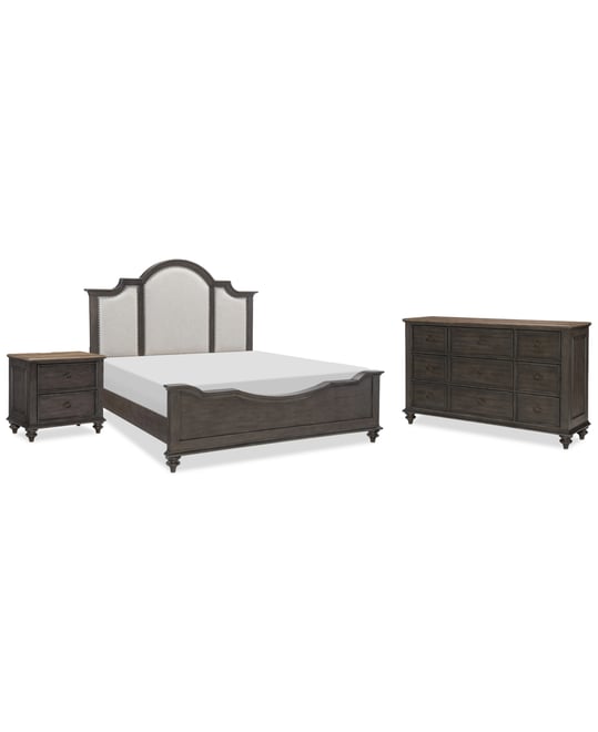Mandeville 3pc Bedroom Set (Upholstered King Bed + Dresser + 2-Drawer Nightstand)