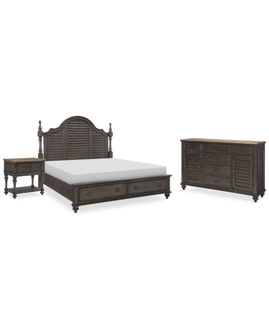 Mandeville 3pc Bedroom Set (Louvered Queen Storage Bed + Louvered Dresser + 1-Drawer Nightstand)