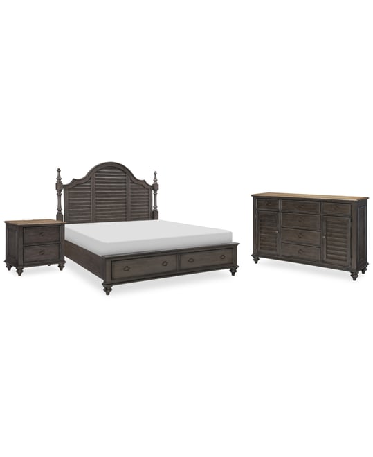 Mandeville 3pc Bedroom Set (Louvered Queen Storage Bed + Louvered Dresser + 2-Drawer Nightstand)