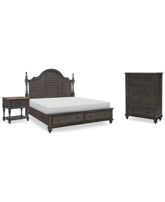 Mandeville 3pc Bedroom Set (Louvered King Storage Bed + Drawer Chest + 1-Drawer Nightstand)