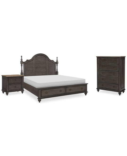 Mandeville 3pc Bedroom Set (Louvered California King Storage Bed + Drawer Chest + 2-Drawer Nightstand)