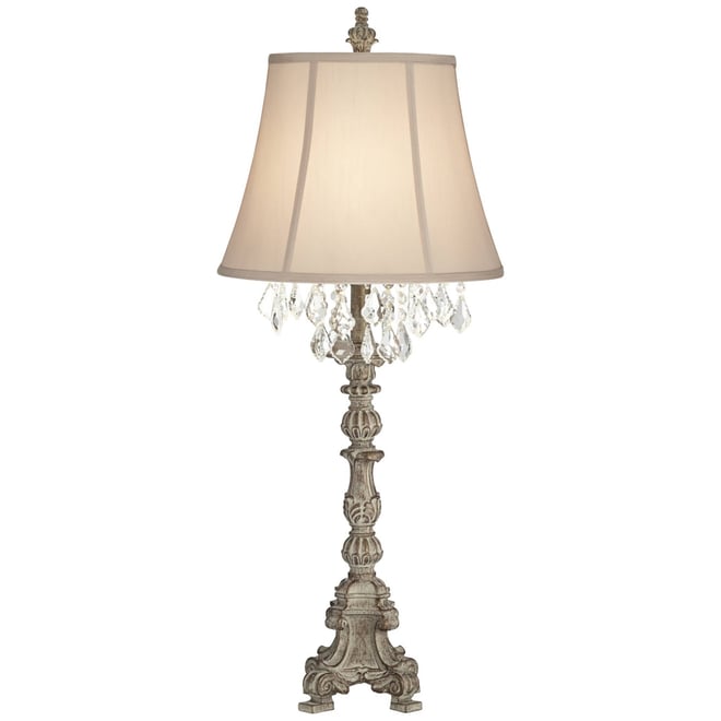 Duval Traditional Table Lamp 34" Tall Distressed Antique White Candlestick Crystal Beige Fabric Bell Shade for Bedroom Living Room