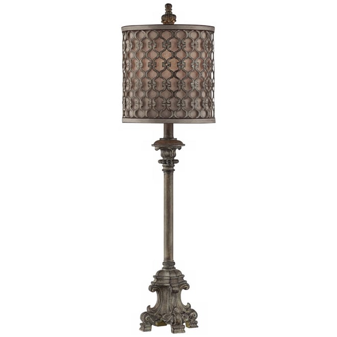 French Buffet Table Lamp Beige Scroll Metal Lattice Candlestick Framed Cylinder Shade for Dining Room