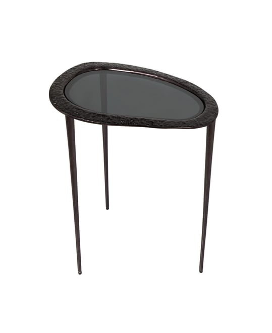 23" x 15" x 23" Aluminum Abstract Oval Shaped Shaded Glass Top and Detailed Engravings Accent Table