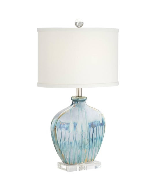 Mia 25" High Mid Century Modern Coastal Table Lamp Blue Drip Ceramic Single Off-White Shade Living Room Bedroom Bedside Nightstand House Office H