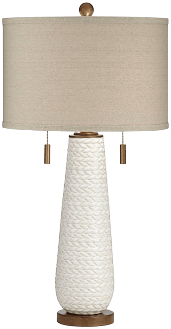 Kingston Modern Mid Century Table Lamp 32 3/4" Tall White Grooved Patterned Ceramic Taupe Drum Shade for Bedroom Living Room