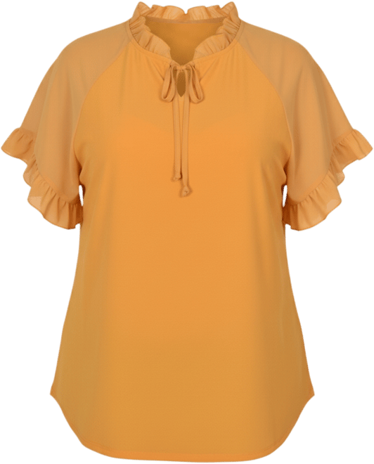 Plus Size Short Ruffled Sleeve Crepe Knit Top with Chiffon Sleeves