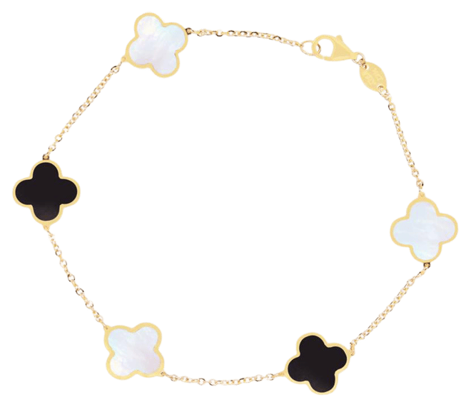 Small Mother of Pearl and Onyx Mixed Clover Bracelet 14K Gold