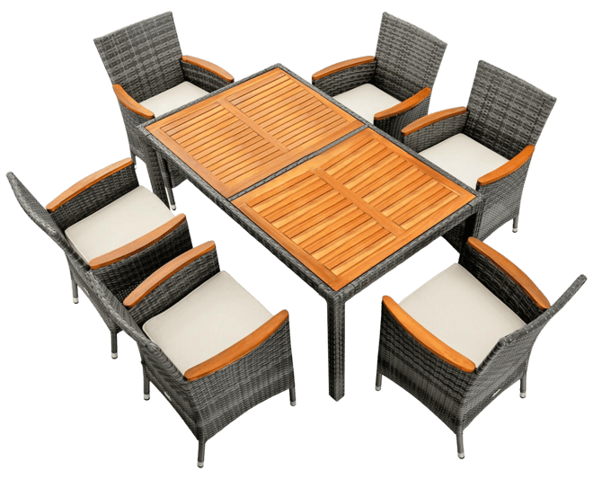 7 Pieces Patio Acacia Wood Cushioned Pe Rattan Wicker Dining Set