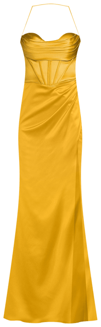 GB Social Corset Cowl Neck Lace-Up Back Slit Hem Satin Long Dress