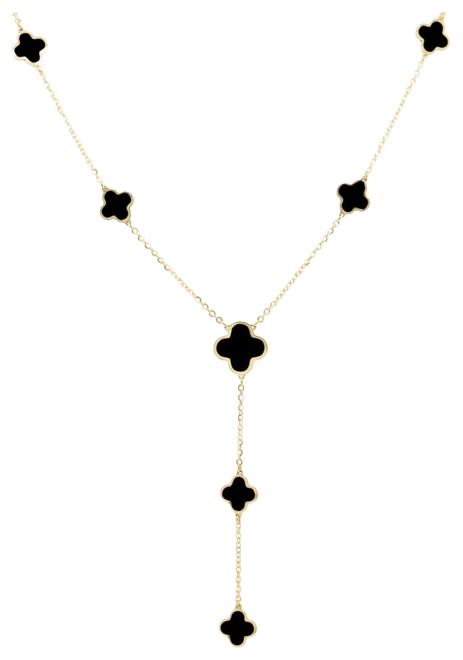 Onyx Clover Station Lariat Necklace 14K Yellow Gold