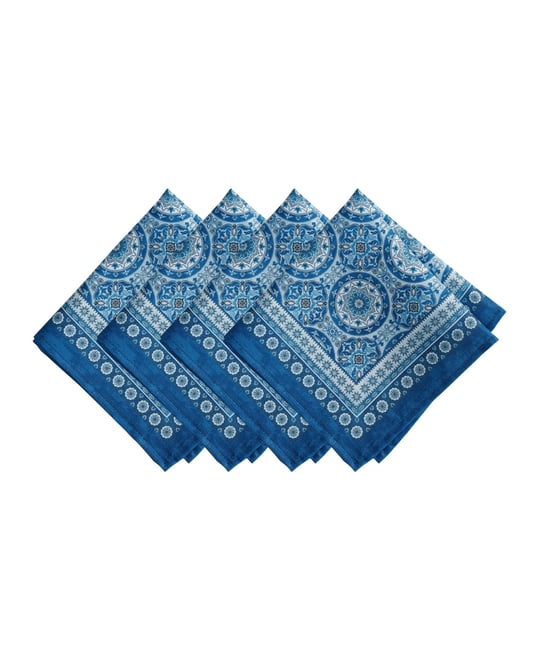 Vietri Medallion Blue Block Print Stain Water Resistant Indoor and Outdoor Napkins, Set of 4