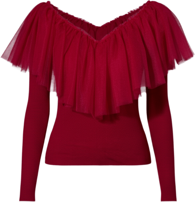 Women's Mixed Media Mesh Pleated Ruffle Top