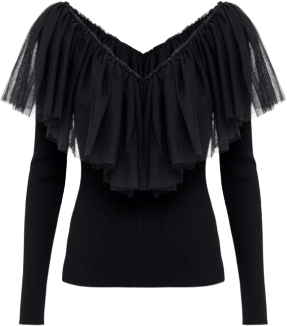 Women's Mixed Media Mesh Pleated Ruffle Top