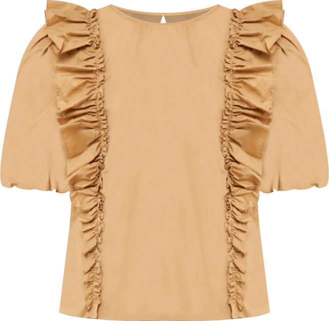 Women's Double Ruffle Poplin Puff Sleeve Blouse