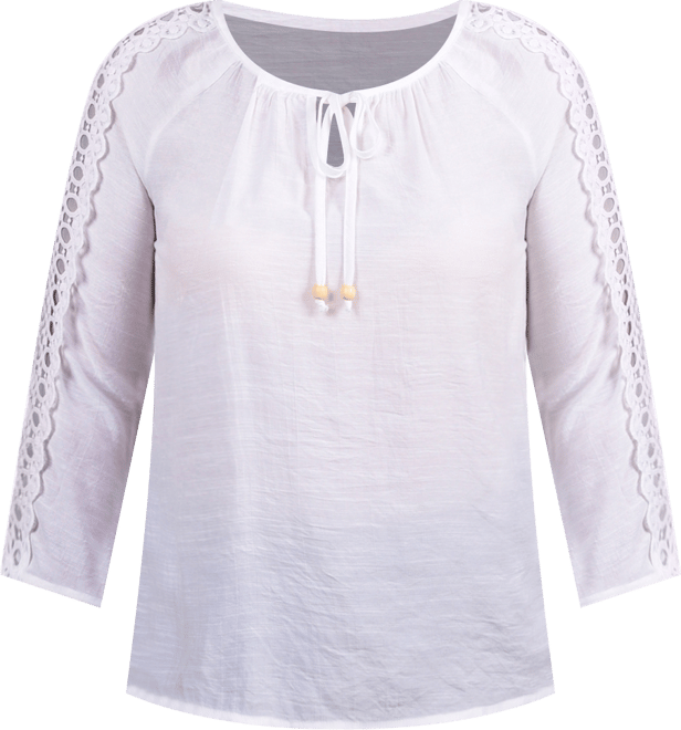 Petite 3/4 Sleeve Tunic with Crochet and Tie Neck