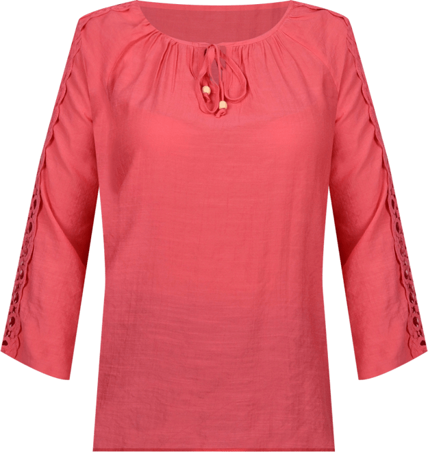 Petite 3/4 Sleeve Tunic with Crochet and Tie Neck