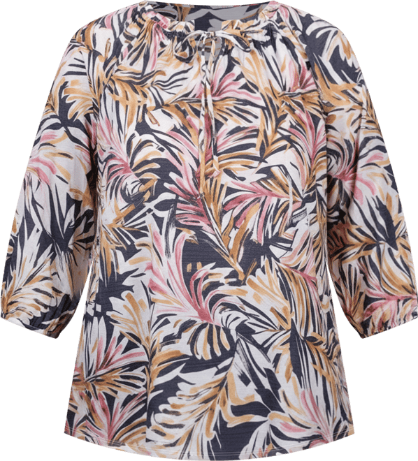 Petite 3/4 Sleeve Drawstring Neck Blouse Top