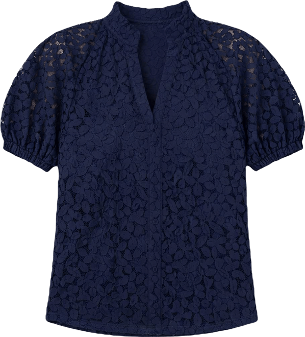 Women's Floral Lace Puff Sleeve Split Neck Top