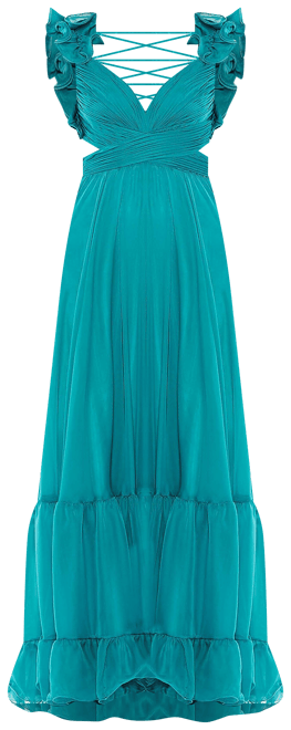 Ieena Mac Duggal Chiffon V-Neck Sleeveless Cut-Out Strappy Back Detail  Tiered Ruffle Hem Gown